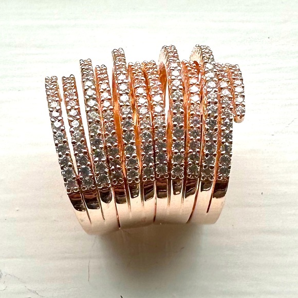 Genuine Silver Rose Gold Plated Four Rings With CZ Connected By Hinges Size 6 - Picture 3 of 7